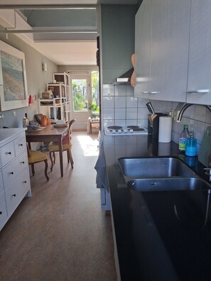 Fridge, stovetop, dishwasher, coffee/tea maker