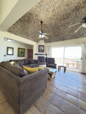 Smart TV, chimenea, reproductor de DVD, libros