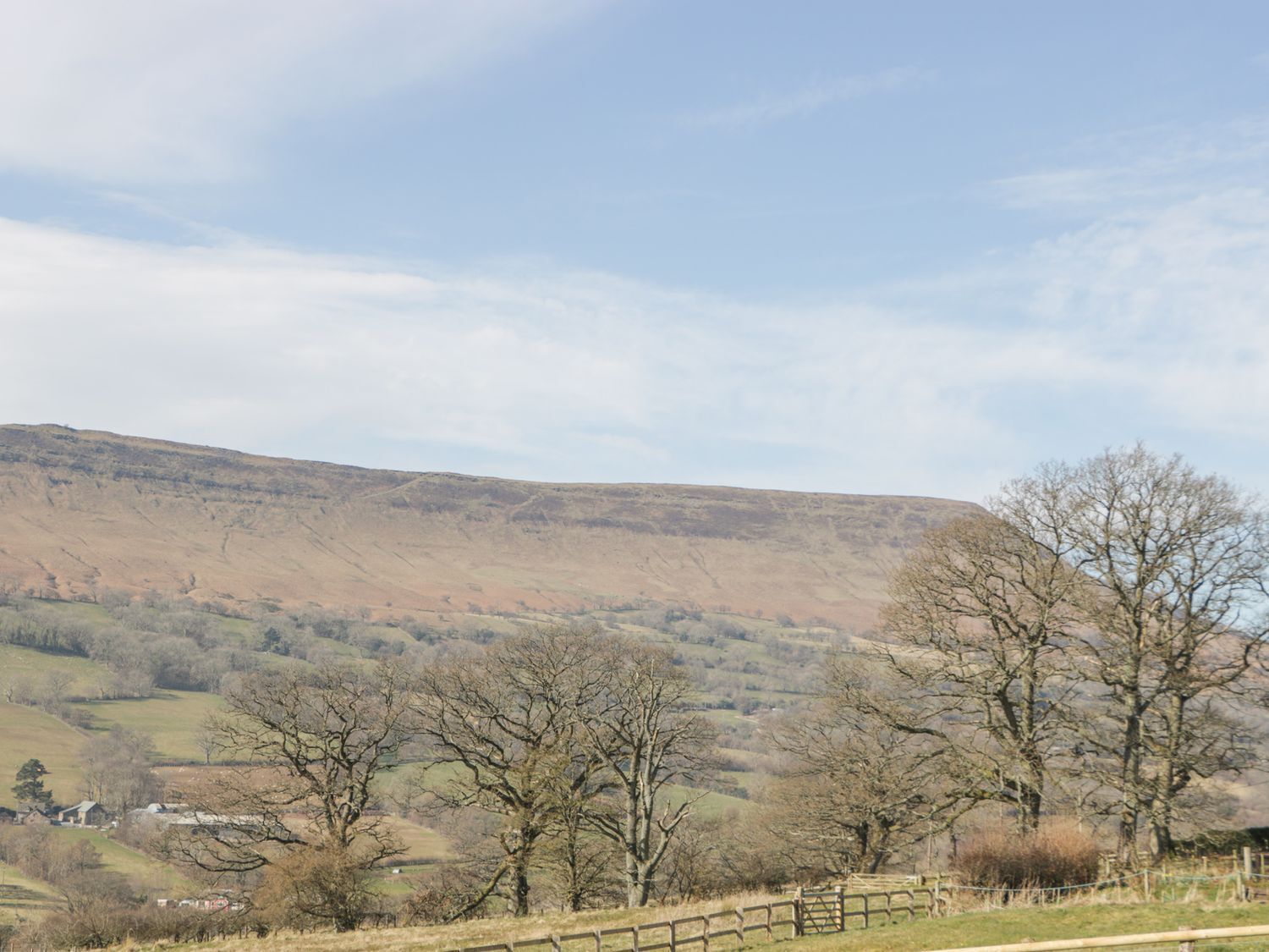 A rural landscape with a wooden fence, trees, and a distant hill.