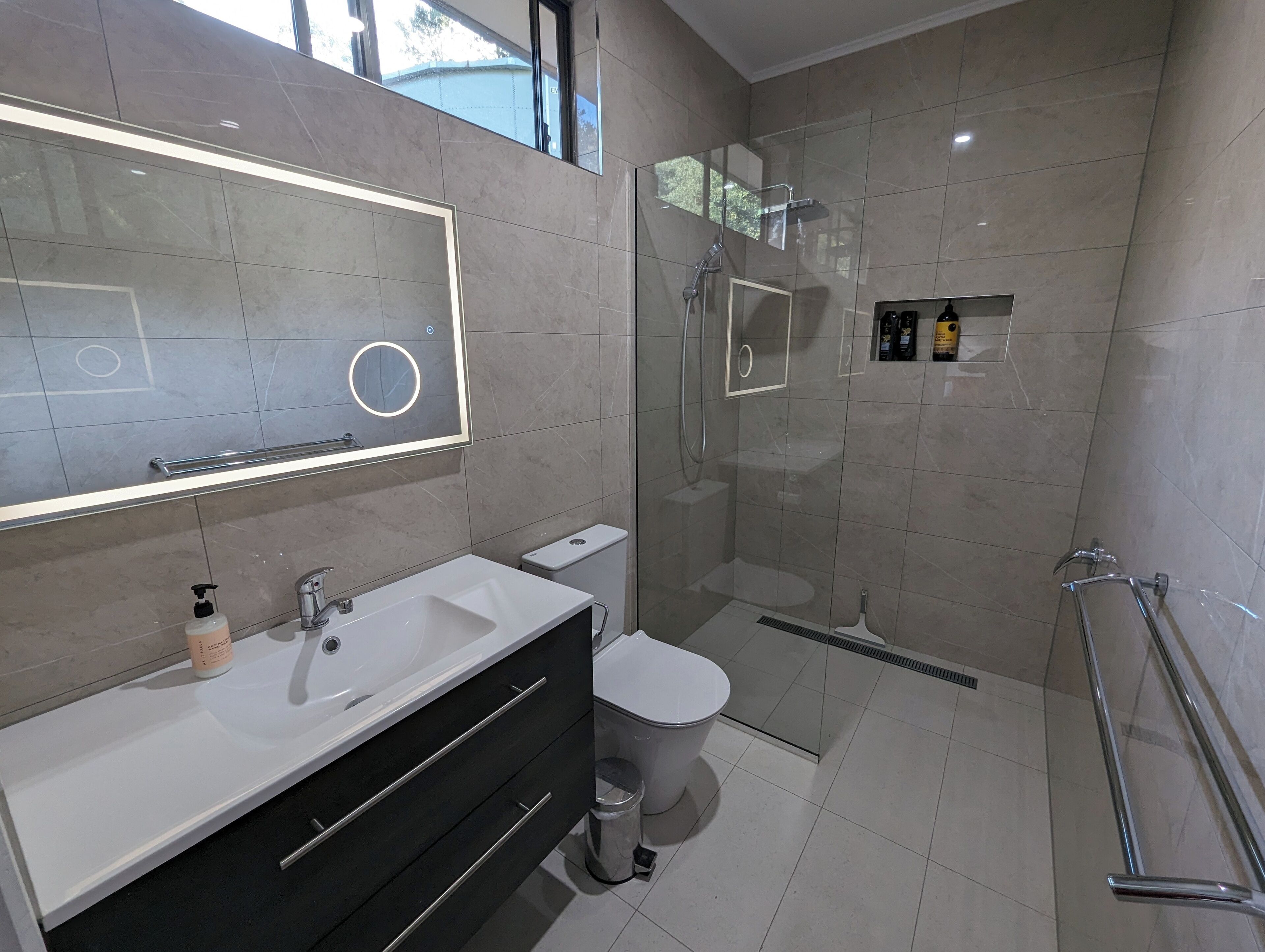 Hair dryer, towels, soap, shampoo