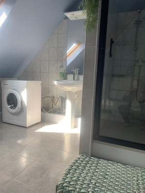 Dusche, Haartrockner, Seife, Toilettenpapier