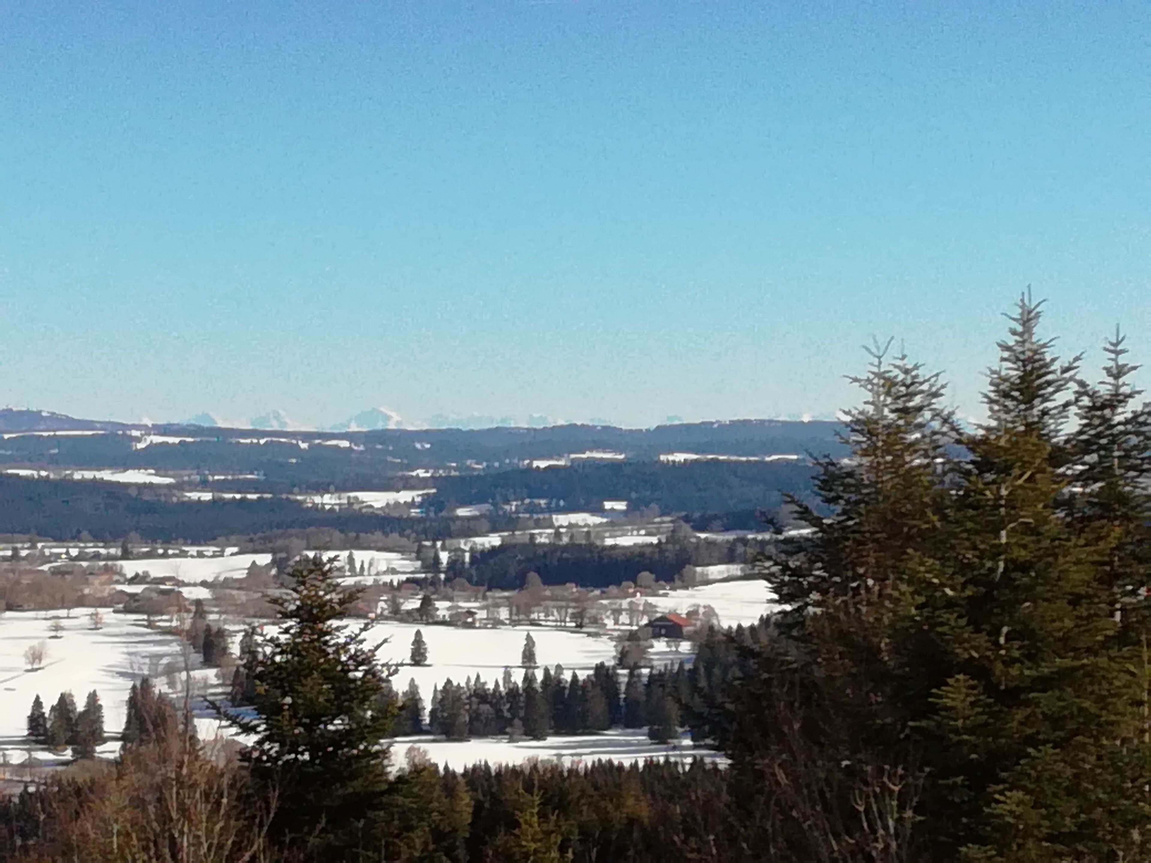 Ein weiter Blick auf eine verschneite Landschaft bei klar blauem Himmel.