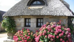 A stone cottage with a thatched roof and two windows. - Cottage in the heart of the village of Kerascoët. (NEVEZ)