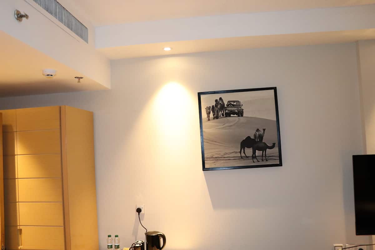Une chambre avec un tableau représentant un paysage désertique accroché au mur, un téléviseur à écran plat et une machine à café posée sur le comptoir.