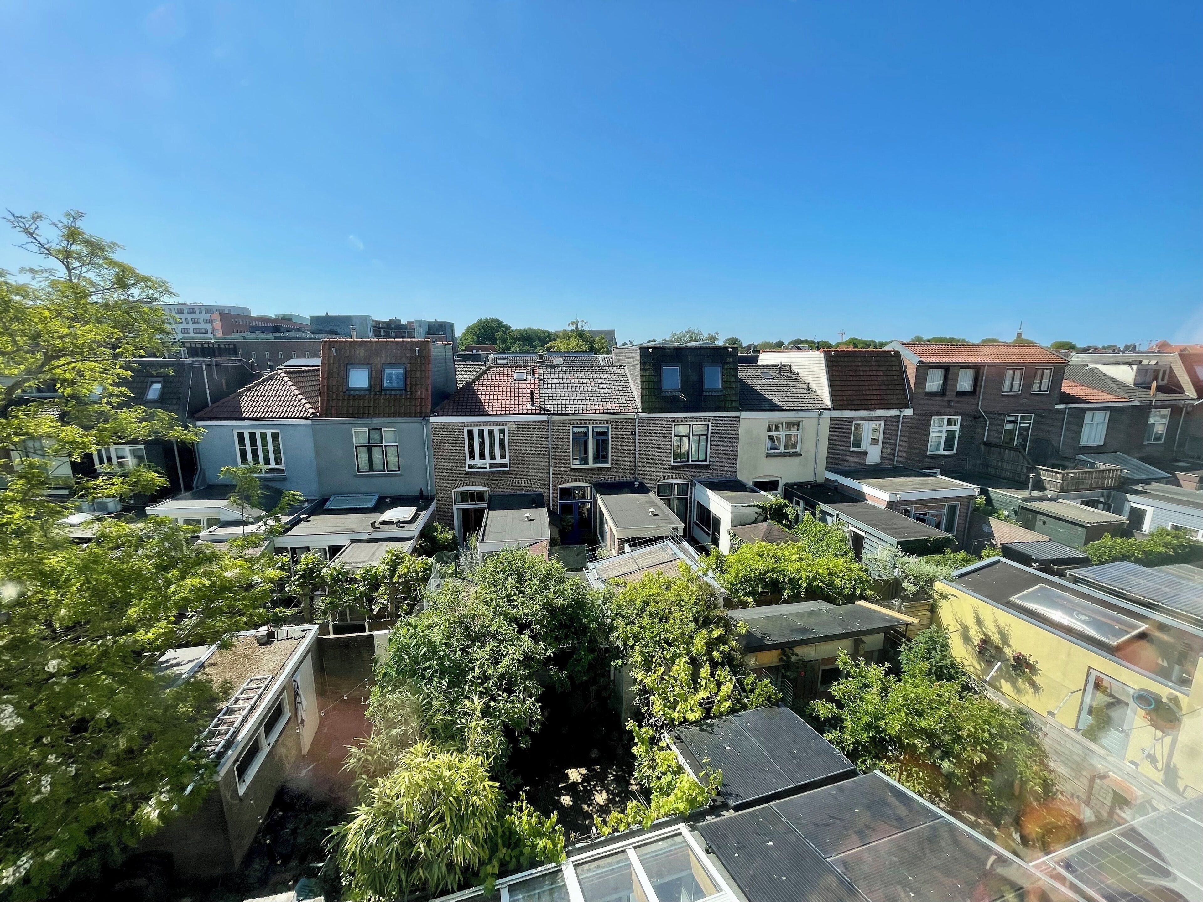 A row of terraced houses with flat roofs, some with solar panels, and a clear blue sky.