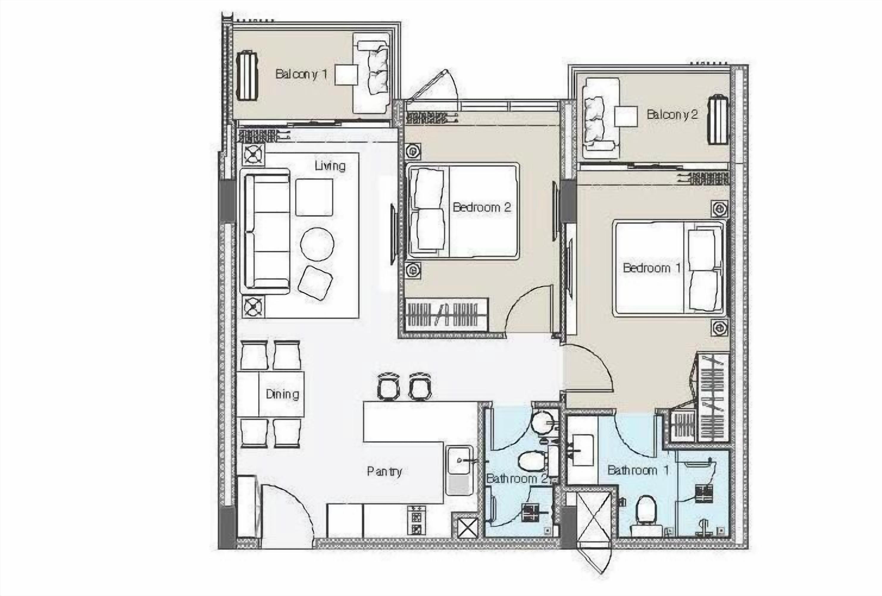 Plano de planta que muestra una sala de estar, comedor, cocina, dos dormitorios, dos baños y un balcón.
