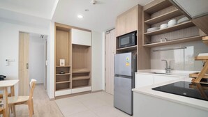 Fridge, microwave, electric kettle, toaster