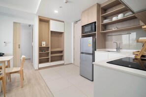 Fridge, microwave, electric kettle, toaster
