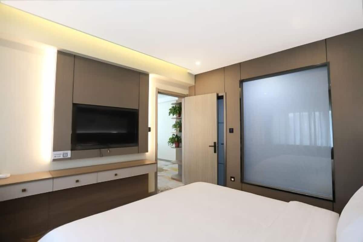 Quarto de hotel moderno com cama grande, televisão de tela plana na parede, armário com porta deslizante e uma pequena planta em vaso ao fundo.