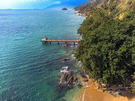 Una escena costera con un muelle de madera que se adentra en el mar, rodeado de vegetación densa y terreno rocoso.