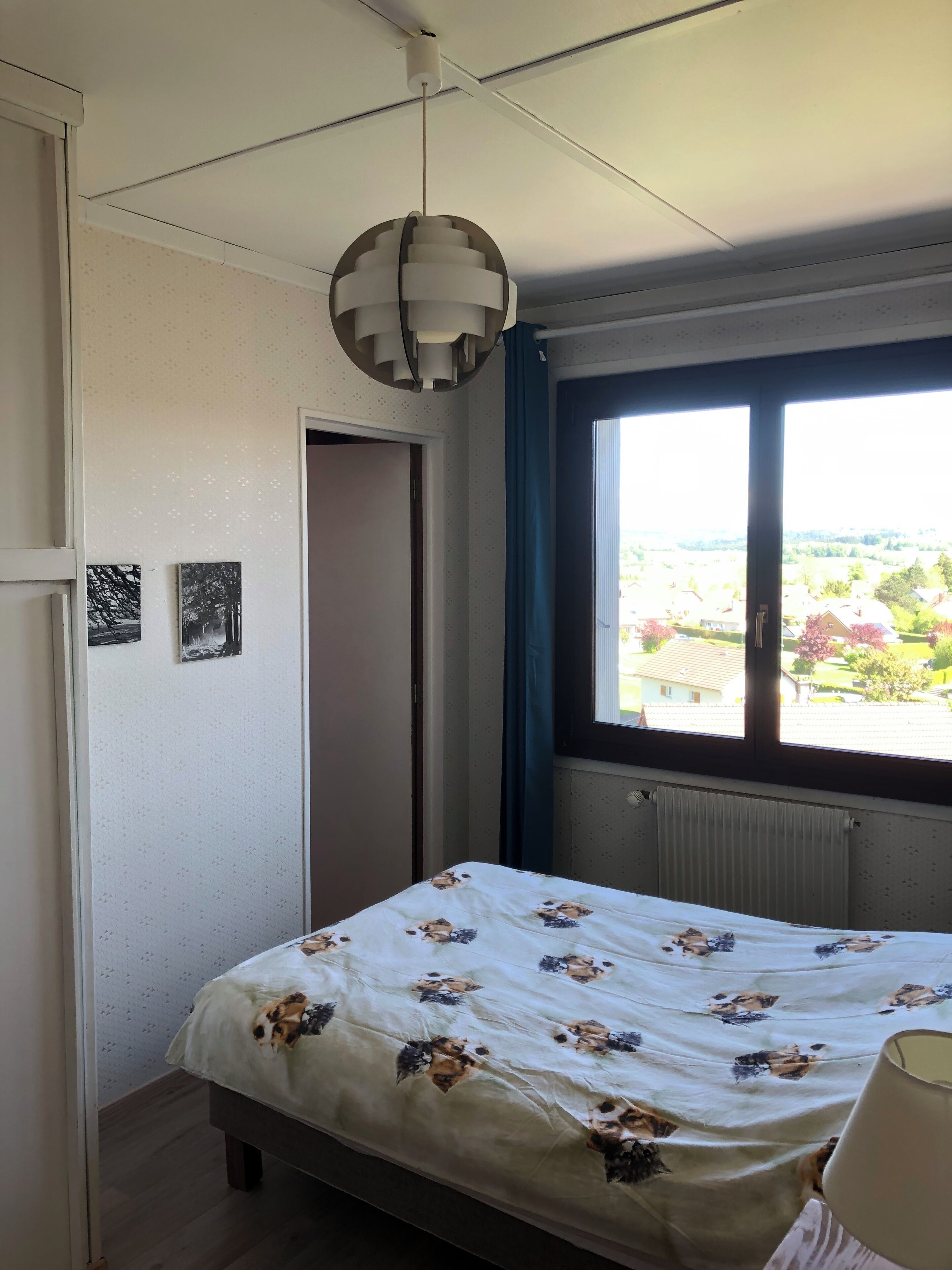 A bedroom with a bed, a window with a view, and a ceiling light fixture.