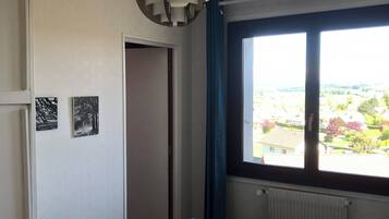 Een slaapkamer met een bed, een raam met uitzicht en een plafondlamp.