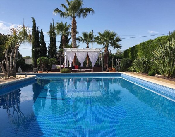 Une piscine dotée d’un espace de repos couvert et bordée de palmiers.
