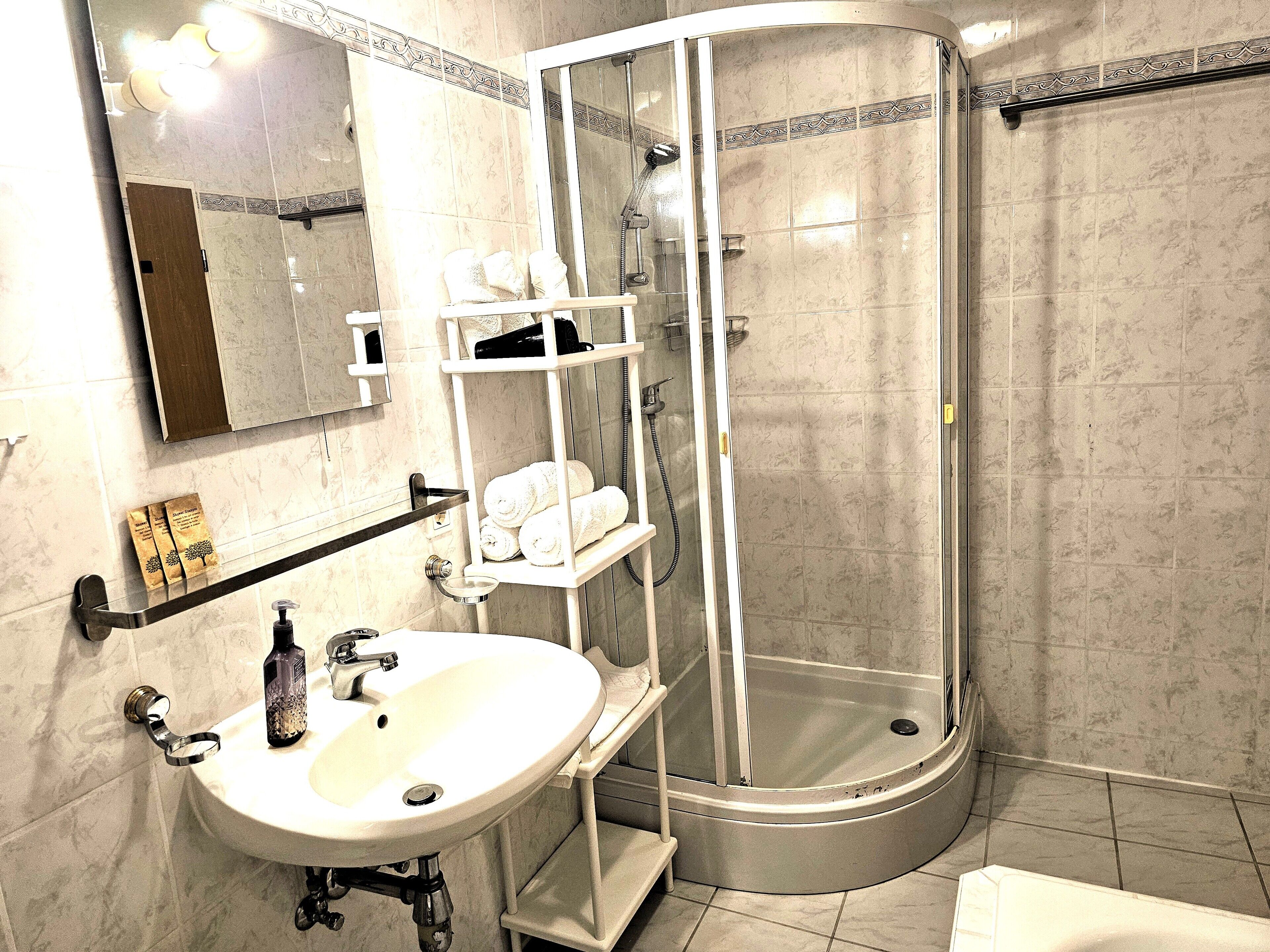 Une salle de bain équipée d’un lavabo, d’un miroir, d’un porte-serviettes et d’une douche à parois de verre.