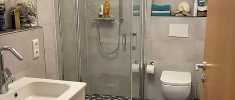 Hair dryer, towels, soap, toilet paper