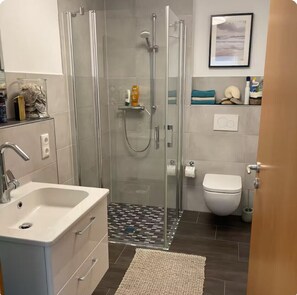 Hair dryer, towels, soap, toilet paper