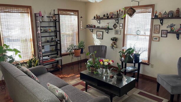 A living room with a sofa, coffee table, and potted plants. There are shelves with decorative items and a chair. - Charming cul-de-sac 5BR 3.5BA in State College, PA (Port Matilda)