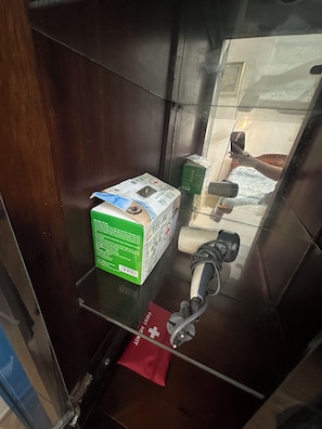 Hair dryer, towels, soap, shampoo