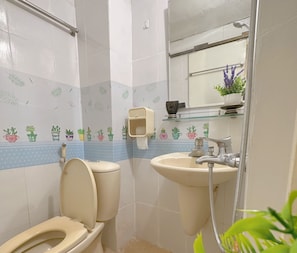 Hair dryer, towels, soap, shampoo