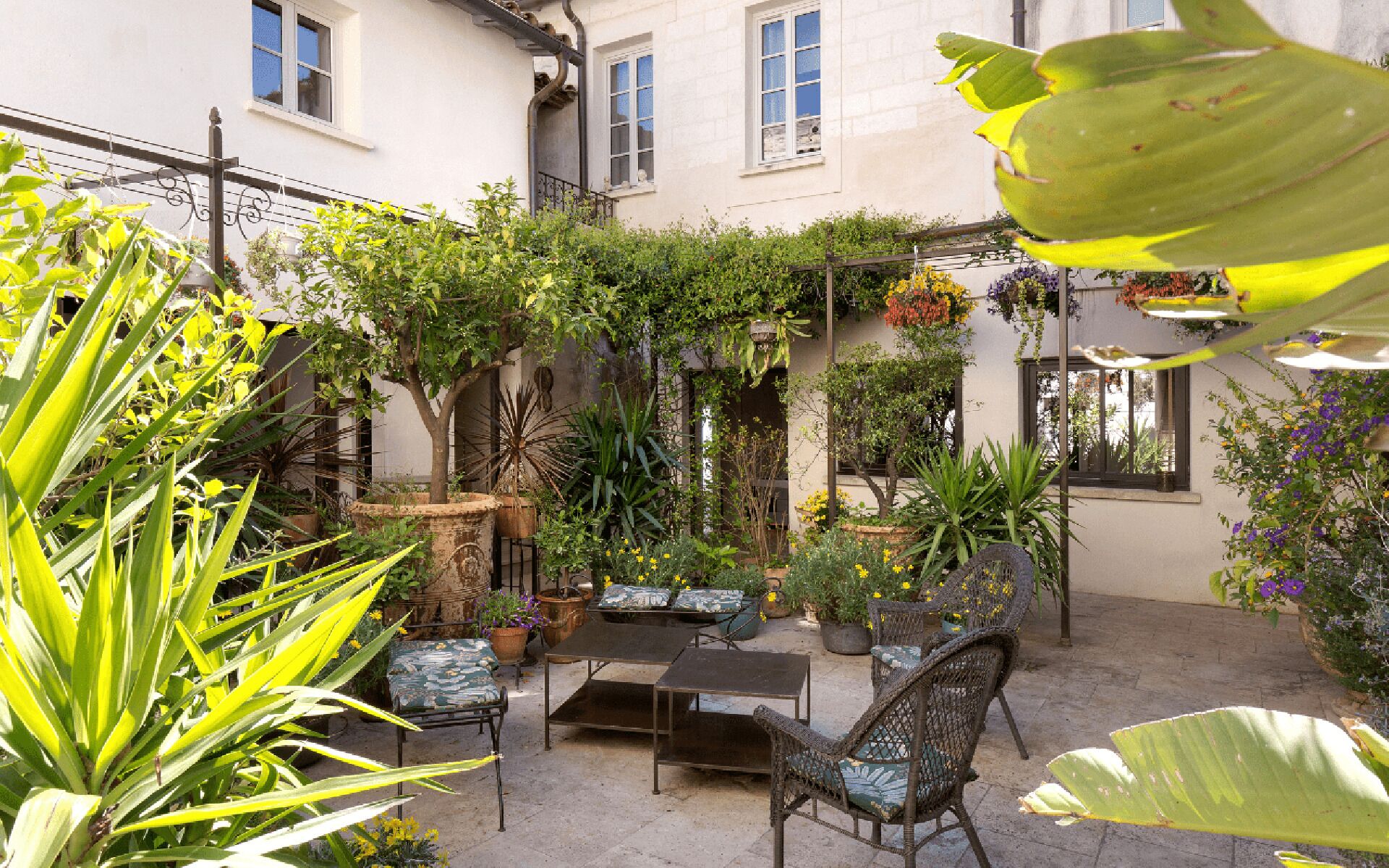 Une terrasse extérieure avec une table et des chaises, entourée de plantes en pot et d’une variété de fleurs.