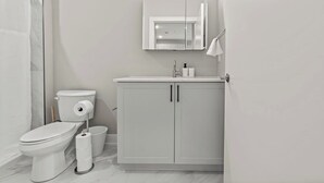 A modern bathroom with a toilet, bidet, and a cabinet with a mirror above it. - Luxury 1BD | 3 Beds | Northern Liberties (Philadelphia)