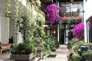 Un patio con plantas en macetas, un banco y una escalera que lleva a la entrada de un edificio.