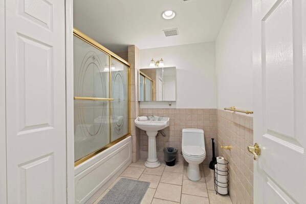 Shower, hair dryer, shampoo