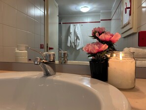 Shower, hair dryer, bidet, towels