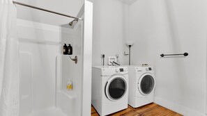 Shower, hair dryer, shampoo