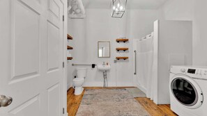 Shower, hair dryer, shampoo