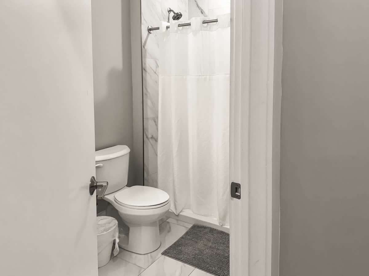 A small, compact bathroom with a toilet, a shower curtain, and a rug.