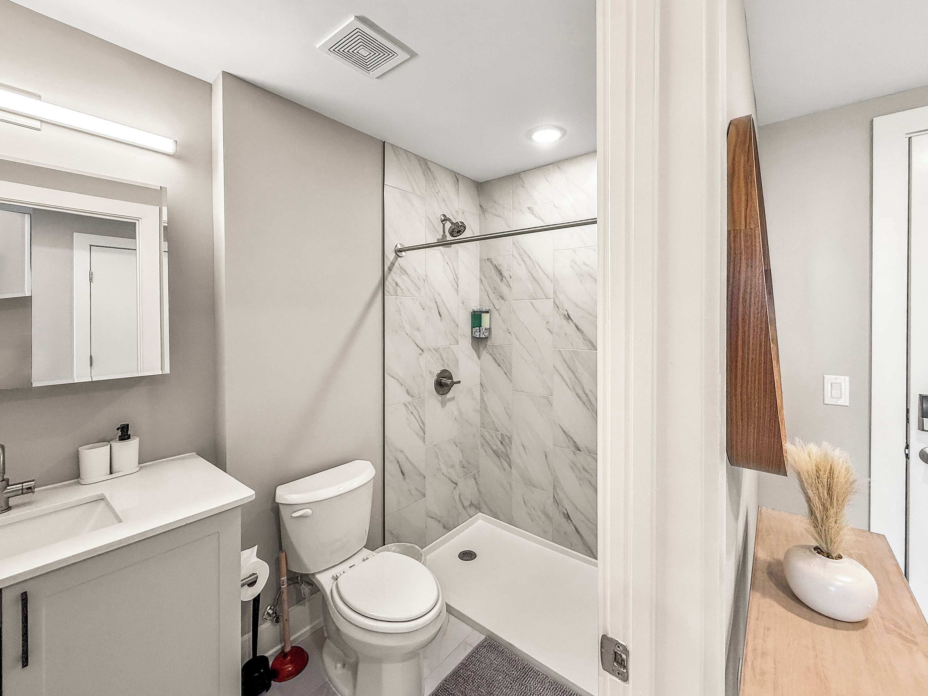 Shower, hair dryer, shampoo