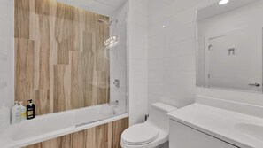 Shower, hair dryer, shampoo