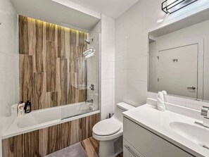 Shower, hair dryer, shampoo