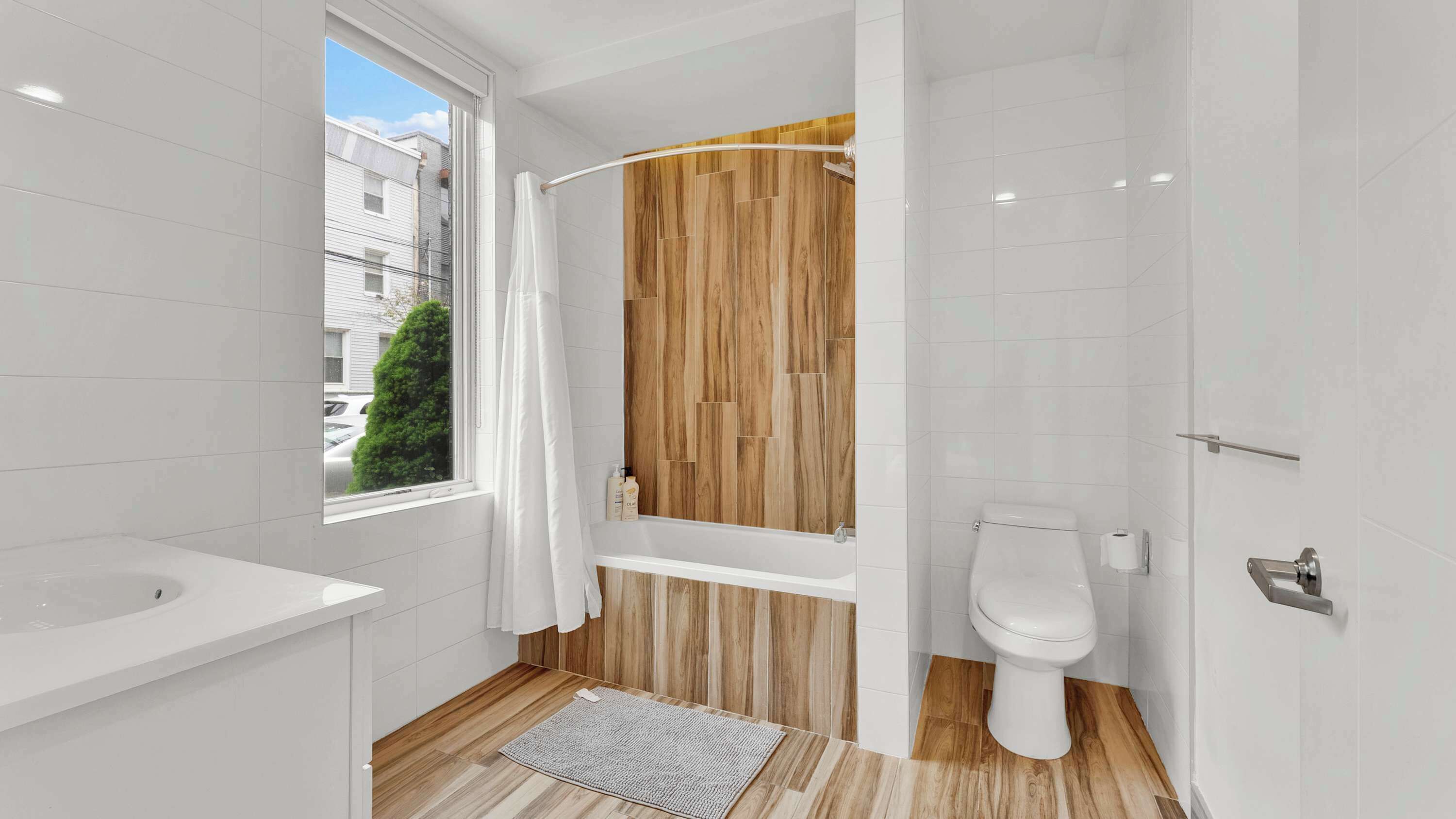 Shower, hair dryer, shampoo