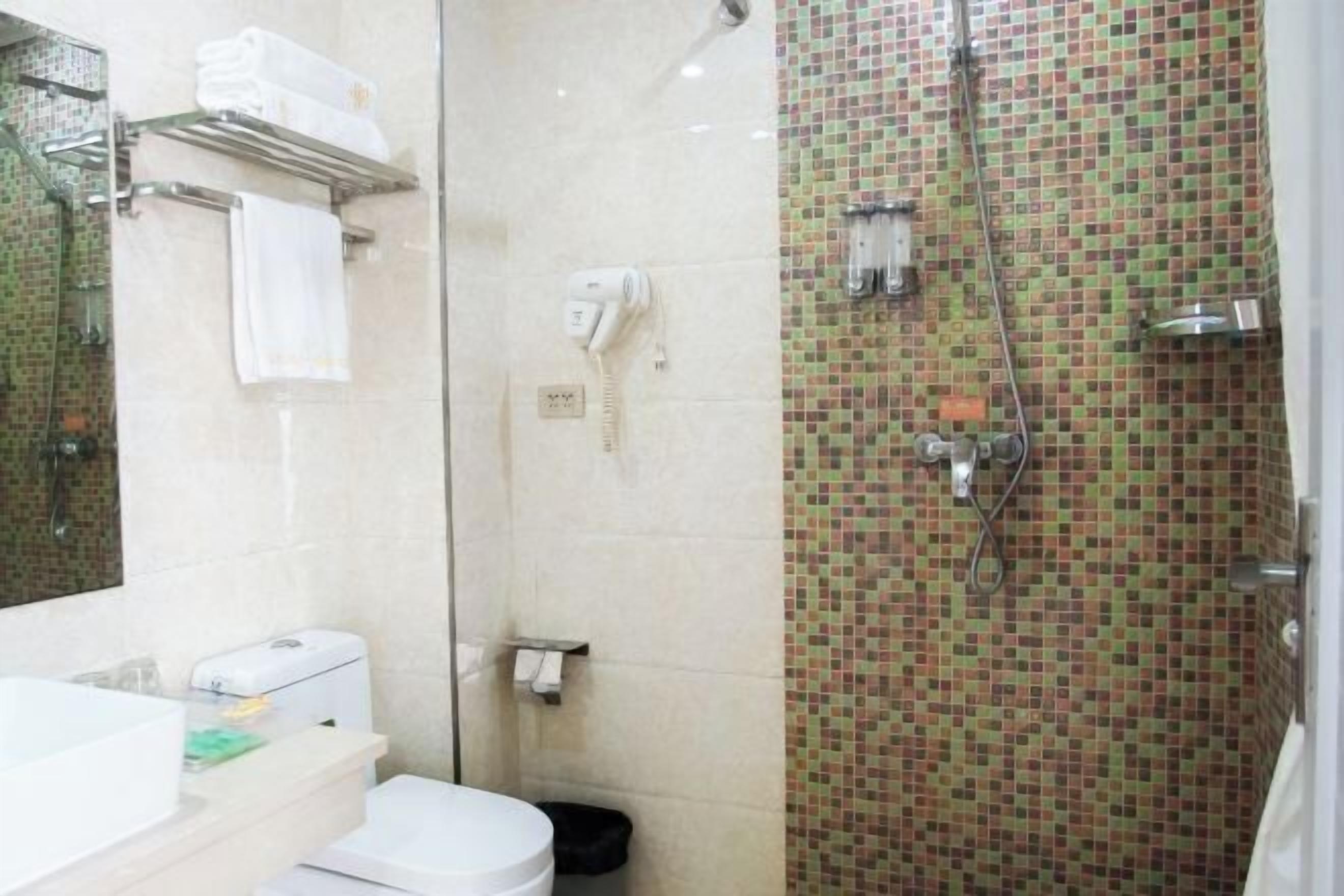 A bathroom with a shower, a toilet, a sink, and a mirror.