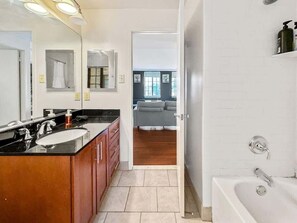 Shower, hair dryer, shampoo