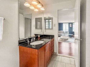 Shower, hair dryer, shampoo