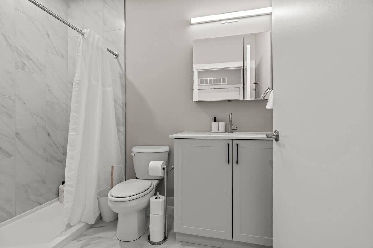 A bathroom with a shower, toilet, and a cabinet with a mirror above it.