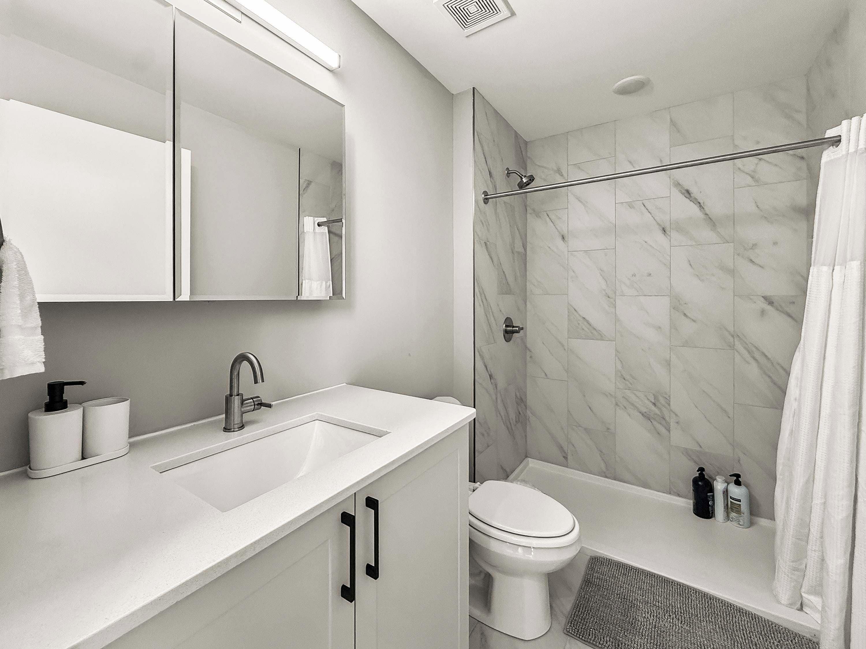 Shower, hair dryer, shampoo