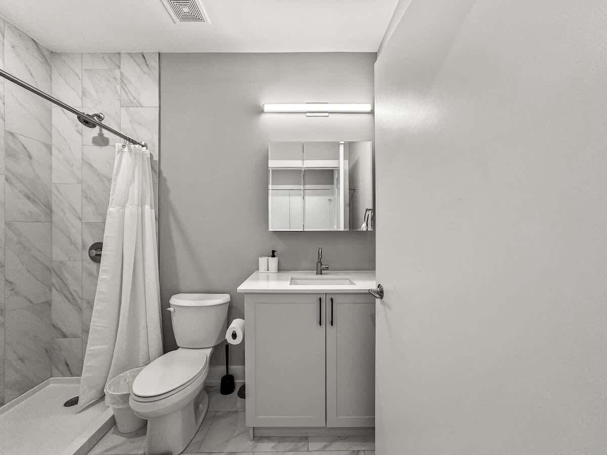 Shower, hair dryer, shampoo
