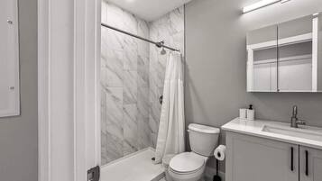 A modern bathroom with a shower, toilet, and vanity.