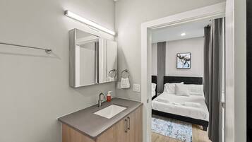 Shower, hair dryer, shampoo