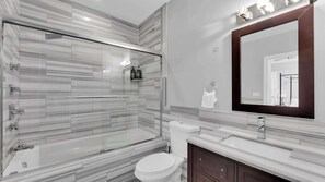 Shower, hair dryer, shampoo