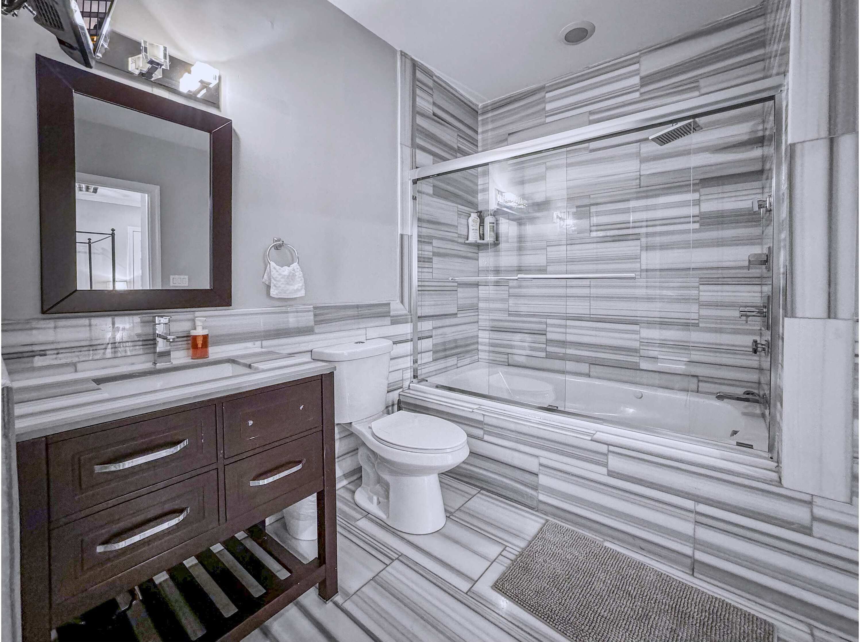 Shower, hair dryer, shampoo