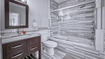 Shower, hair dryer, shampoo