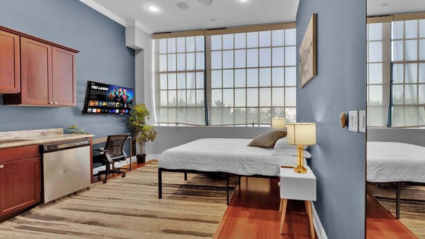 A modern hotel room with a large window, a flat-screen TV, a bed, a desk, and a small plant.