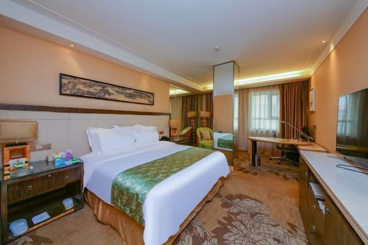 Une chambre d’hôtel comprenant un lit, un bureau, une chaise, une télévision et une salle de bain.