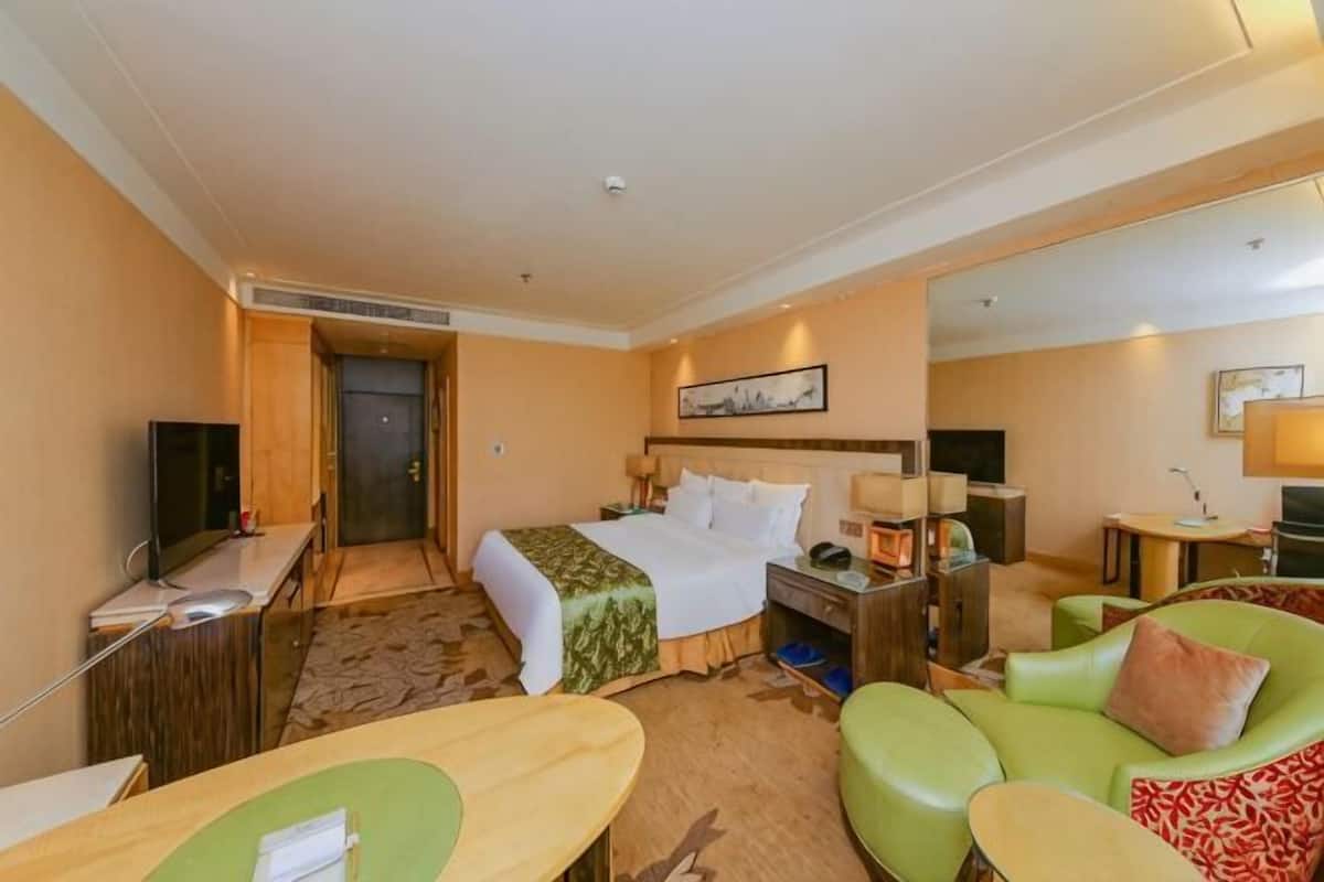Une chambre d’hôtel avec un lit, un bureau, une chaise, une télévision et un canapé.