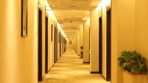 Un long couloir étroit, typique des hôtels, avec des portes des deux côtés, une moquette à motifs et une plante sur le mur de droite.